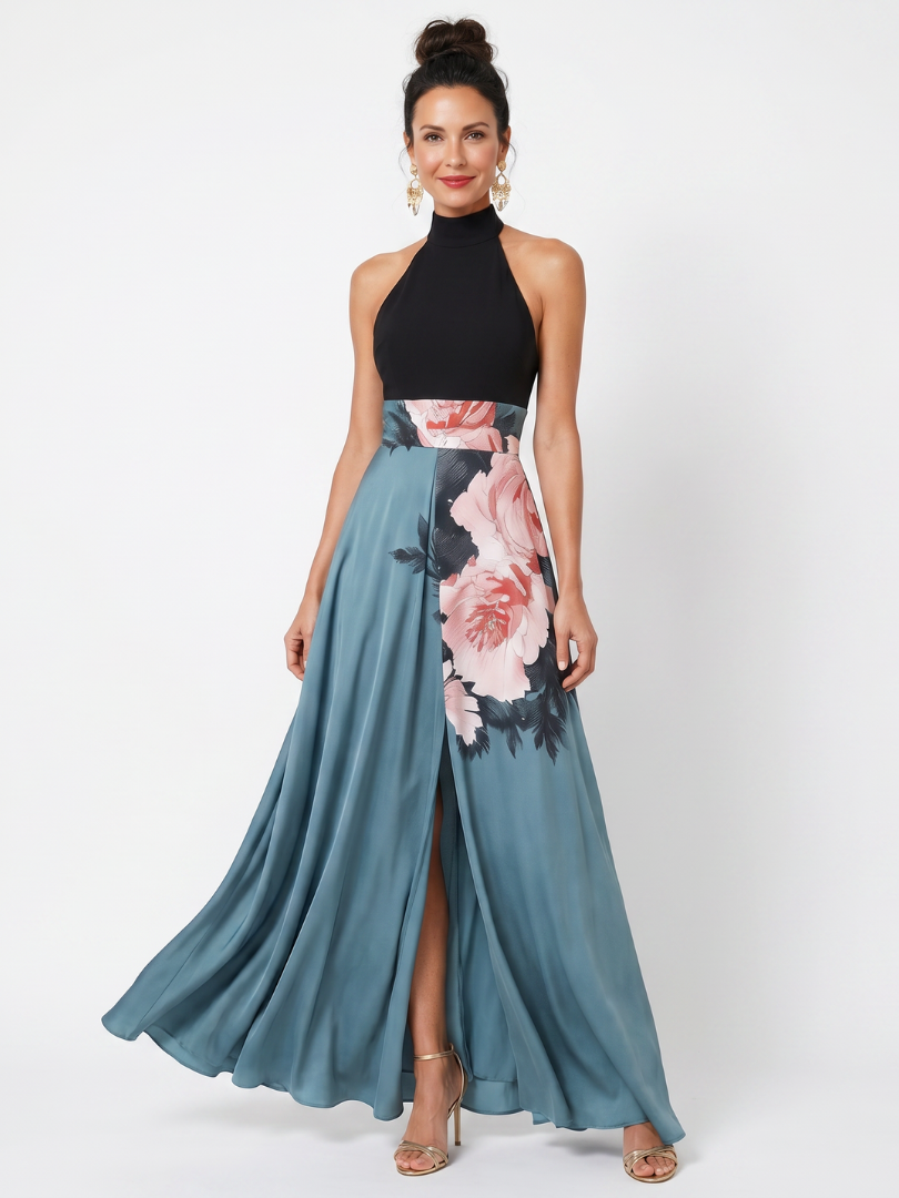 OLYMPAS | Halter Bodice Floral Skirt Maxi Dress