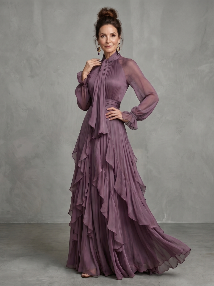 DEMETRIA | Tie Neck Ruffle Tiered Maxi Dress