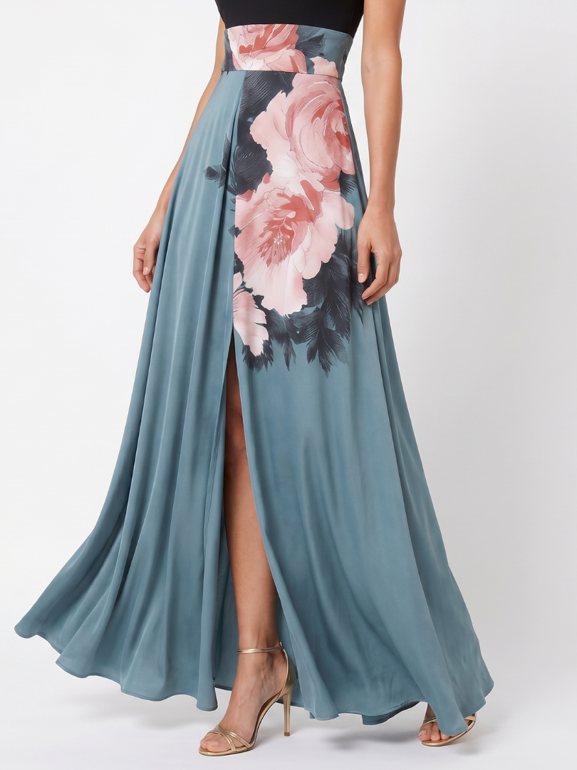 OLYMPAS | Halter Bodice Floral Skirt Maxi Dress