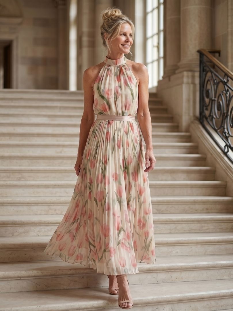 AURELLE | Halter Neck Floral Midi Dress