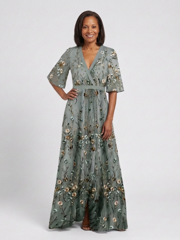EVADNE | Floral V Neck Short Sleeve Maxi Dress